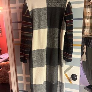 Plaid Long Coat with Striped Sleeves